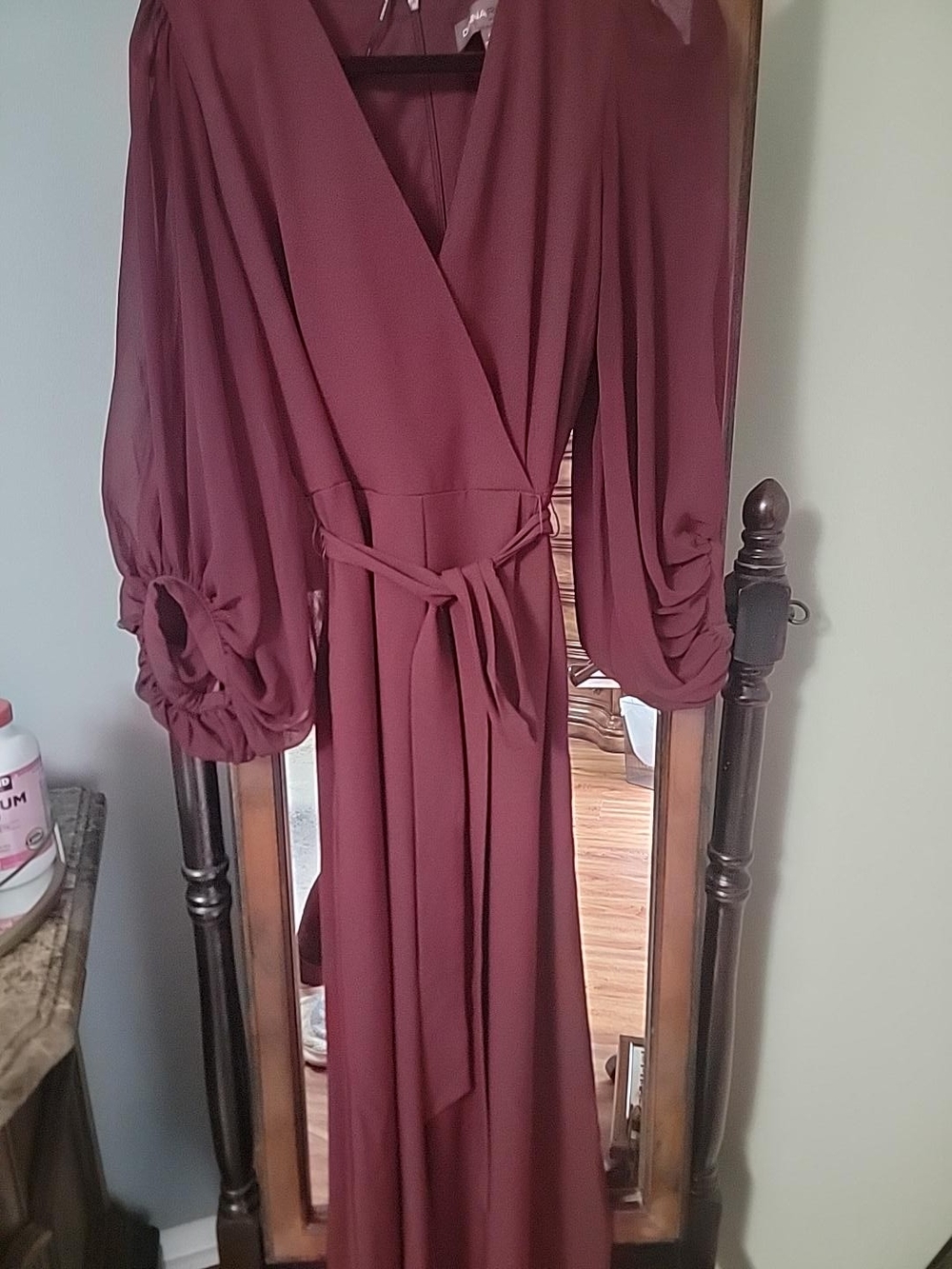 Donna Ricco Burgundy Wrap Maxi Dress with Billowy Sleeves